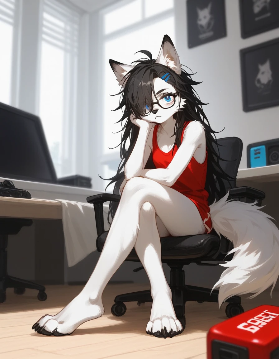 Solo, score_9,score_8_up,score_7_up, a young nerdy Anthro furry wolf woman, white furry body, tall, long black messy hair, hair covering one eye, long bangs, long black hair, blue eyes, black glasses, small breasts, white wolf tail, wearing red tank top, bored expression, sitting on a gamer ch air, legs crossed, barefoot, 4 toes