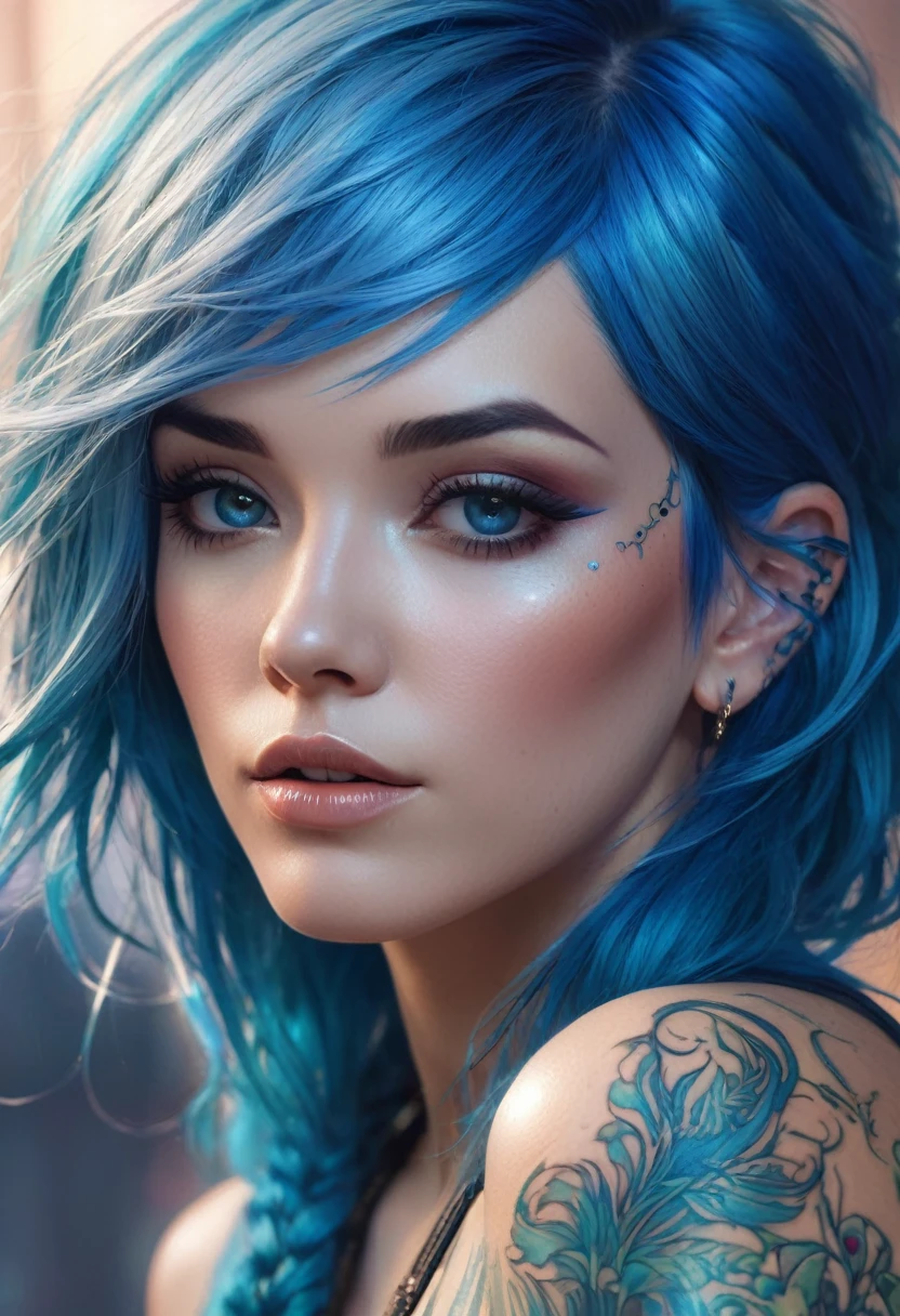 Closeup of a woman with blue hair and tattoos, awesome digital illustration, Beautiful digital artwork, loico and Oh!, beautiful digital illustration, neoartcore y charlie bowater, gorgeous digital art, exquisite digital illustration, hyperrealistic fantasy art, Beeple and Jeremiah Ketner, moebius + loico + Oh!, loico and ross tran