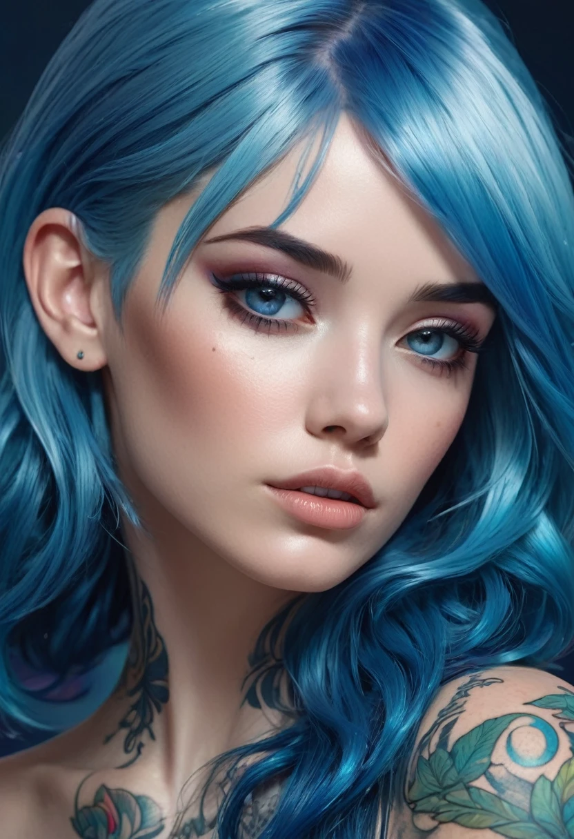Closeup of a woman with blue hair and tattoos, awesome digital illustration, Beautiful digital artwork, loico and Oh!, beautiful digital illustration, neoartcore y charlie bowater, gorgeous digital art, exquisite digital illustration, hyperrealistic fantasy art, Beeple and Jeremiah Ketner, moebius + loico + Oh!, loico and ross tran