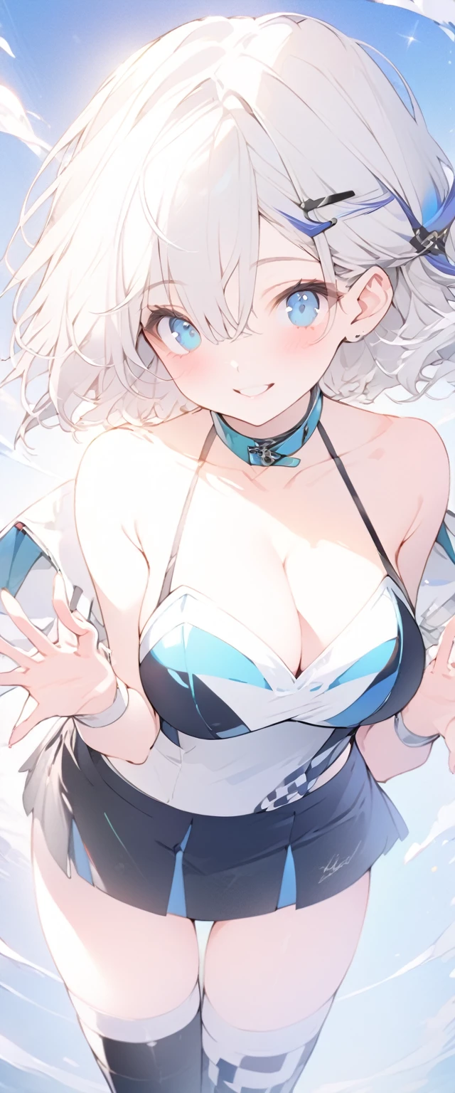 beautiful, masterpiece, Highest quality, anime, One girl, C Cup,Portrait Shot, View your viewers, Intricate details,>,((Covered、Short Hair、nearby、Blue Eyes、art、、White hair,Blue streaked hair、wallpaper、、hairpin、smile、Race Queen、Thigh、Knee-high boots、blue sky、smile、Bright atmosphere、standing、wave hands、Be extremely happy、mini skirt、Cleavage