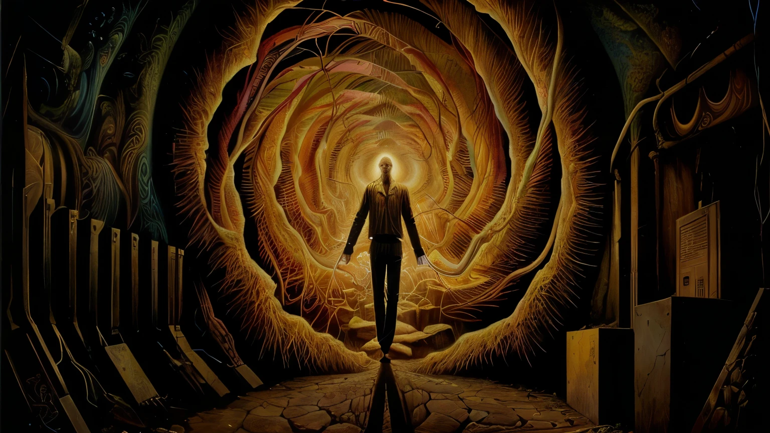 painting of a man standing in a tunnel with a light coming out of it, alex grey and tim hildebrandt, alex grey style, alex grey art, style of alex grey, alex grey and beksinski, inspired by Alex Grey, by Alex Grey, alex grey and romero ressendi, alex gray, dmt ego death, enlightenment tripping on dmt