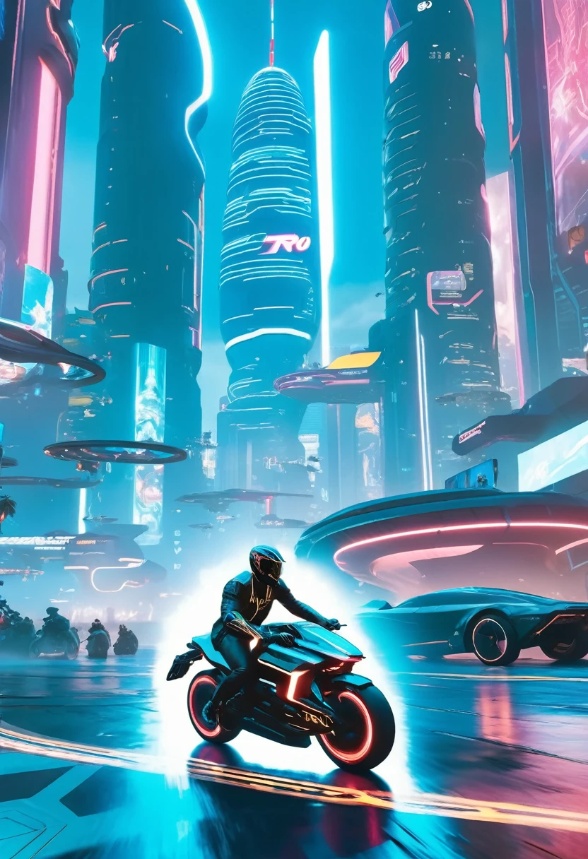 Man riding Tron light cycle through cyberpunk 2077 cityscapes