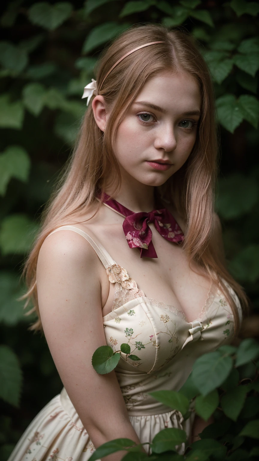 Cinematographic still featuring a 18yo girl, high resolution, Realism, 8K. A blonde curvy girl(with a large bust, very pale skin, long hair(combed back)). Wearing a revealing tight lace-outfit(with intricate floral-patterns, and a ribbon bow tie, gold details), Standing(surrounded by greenery lush plants and cats). The scene is captured on a faded film reminiscent of a 70mm(photo from decades past). The colors are desaturated(emphasizing the gloom). The overall effect is akin to the Kodachrome slides of yesteryears, with a touch of Lomography’s(capturing a moment frozen in time). The scene is dark, with harsh lighting and a blurred bokeh background. In a desaturated-Burgundy/desaturated Rose-Gold colors palette, accents in gold theme ((CLOSE UP SHOT))


