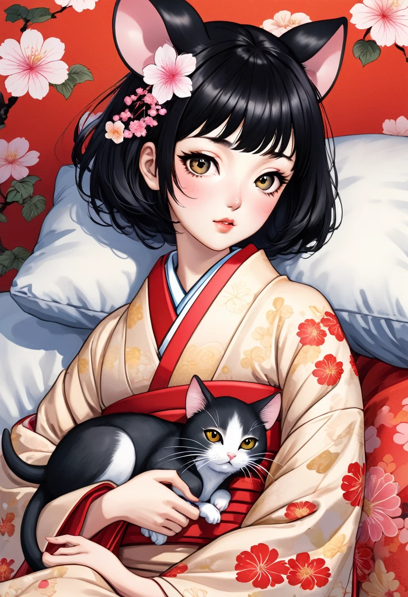 (utamaro style:1.2) , Hallucination, daydream , nightmare , Insane Dream , bokeh , erotica , romance , realistic mouse girl and realistic cat , kimono , futon , Petals fluttering down , Single eyelids, round nose, swollen cheeks