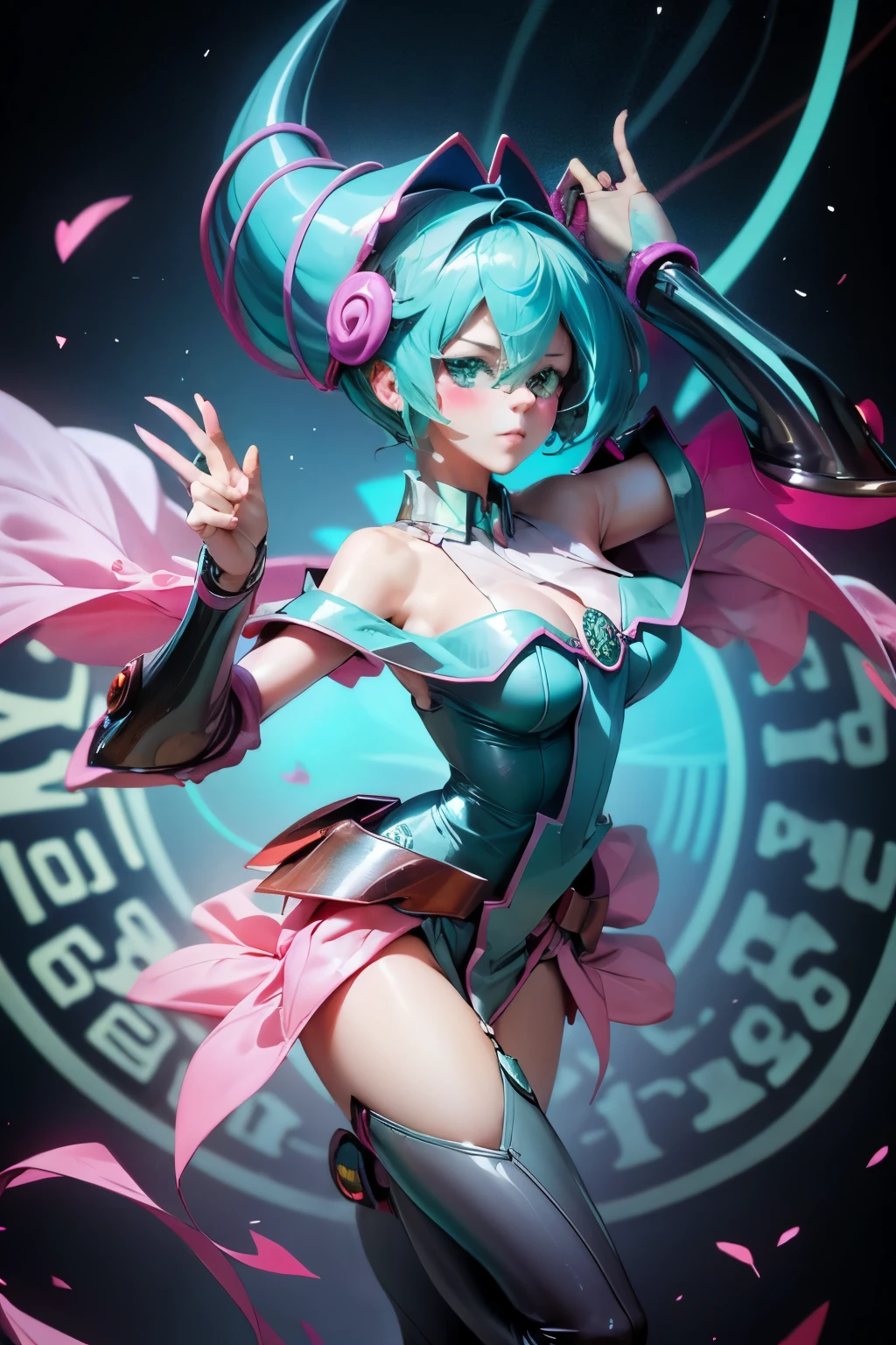 Hatsune Miku disguised as dark magician gils. Pose sexy y sensual. big boobs. dark magician gils costume
