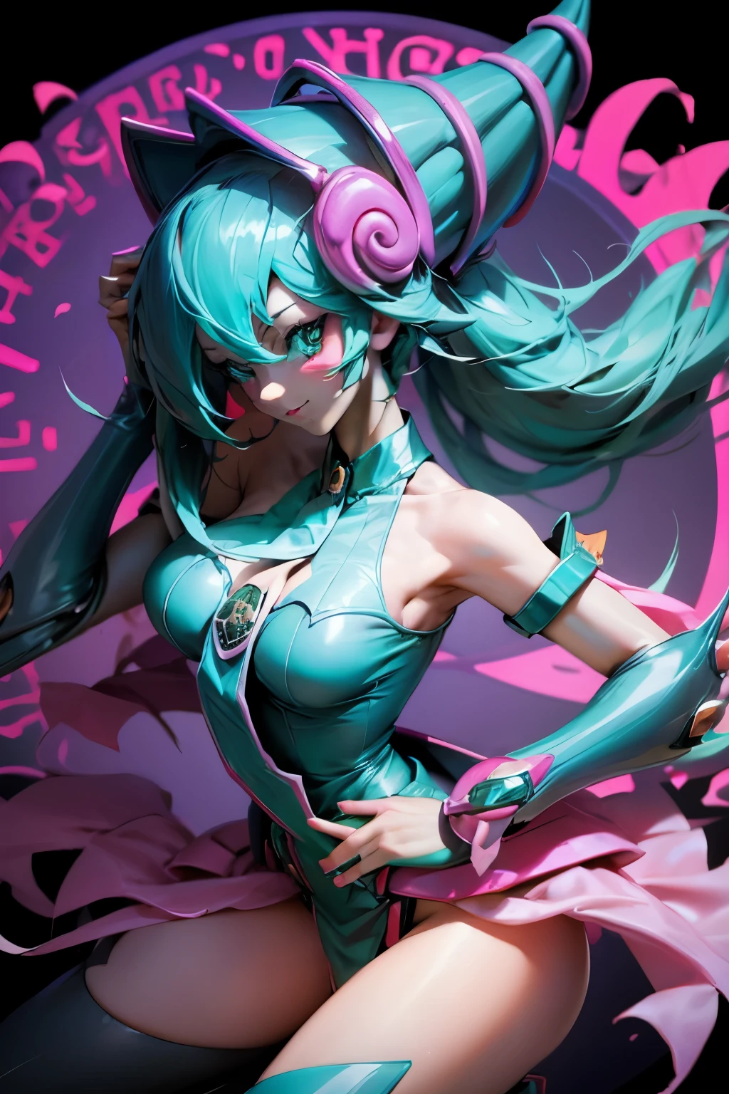 Hatsune Miku disguised as dark magician gils. Pose sexy y sensual. big . dark magician gils costume