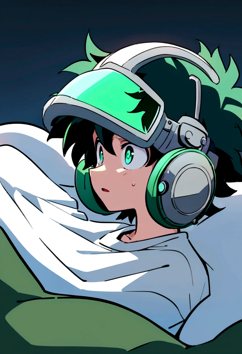 (masterpiece, best quality:1.2), solo, male focus, 1boy, midoriya izuku, short green hair, green eyes, white t-shirt, black shorts, green domed helmet with transparent visor covering eyes, mind control device, blank expression, mindless, vacant stare, mouth hanging open, sitting in bean bag, sitting upright, arms hanging limply at sides, anime style, my hero academia style, view from side angle