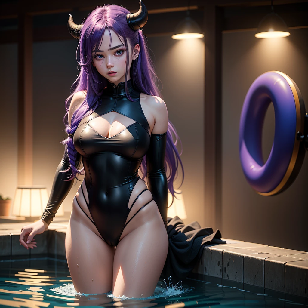 (8k, Raw photo, best quality, masterpiece), ultra high resolution, (realistic, photorealistic), 1 girl, 18 years old, emotionless, only, long purple hair tied up, Blue eyes, black horns, Waifu. Big ((95C))
Professional lighting, Detailed lighting, backlighting, depth of field, Natural lighting, intense focus, two meters shooting distance, professional photoshoot, Detailed eyes, realistic eyes, detailed shadow, cg game, Cosplay,
Sexy swimsuit, playing in the pool