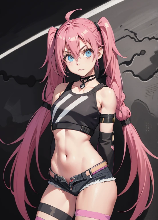 masterpiece, best quality, 1girl, solo, crop top, denim shorts, choker, (graphite: 1.5), paint splatters, arms behind back, against wall, looking at viewer, armband, thigh strap , body paint, head tilt, bored, long pink hair, pigtails, blue eyes, thick and muscular thighs, muscular belly