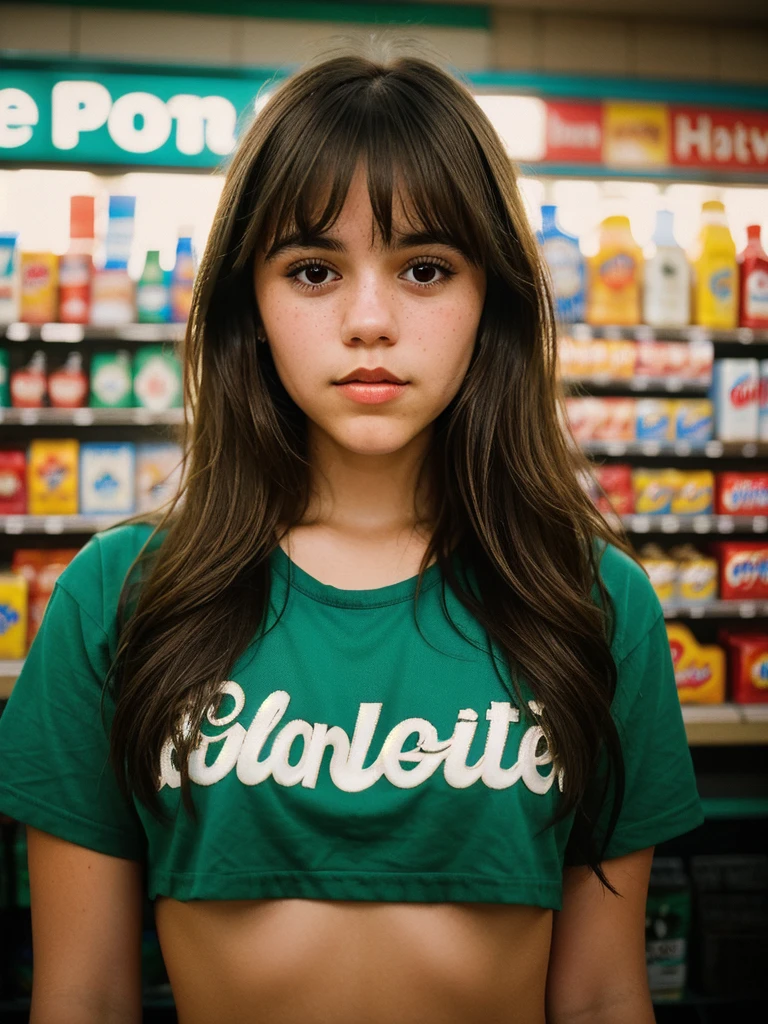 Close-up portrait photo of a young brunette woman taken at a convenience store during the night, low quality image, exhibiting a grainy texture, jpg artifacts, film grain, gritty, raw aesthetic