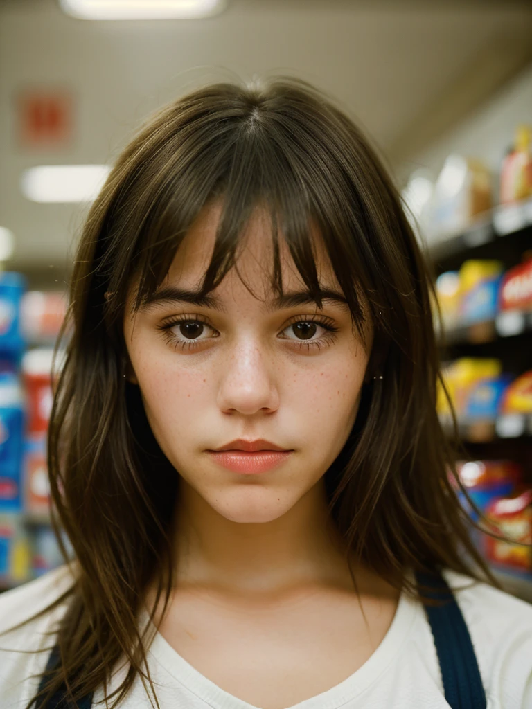 Close-up portrait photo of a young brunette woman taken at a convenience store during the night, low quality image, exhibiting a grainy texture, jpg artifacts, film grain, gritty, raw aesthetic