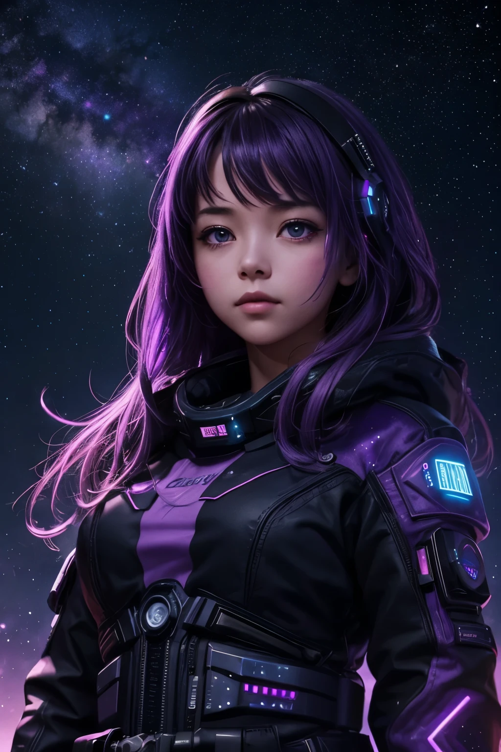girl under starry sky with the constellations of the zodiac, shades of purple as if they were nebulae, vast space, in background cyberpunk city at the bottom,