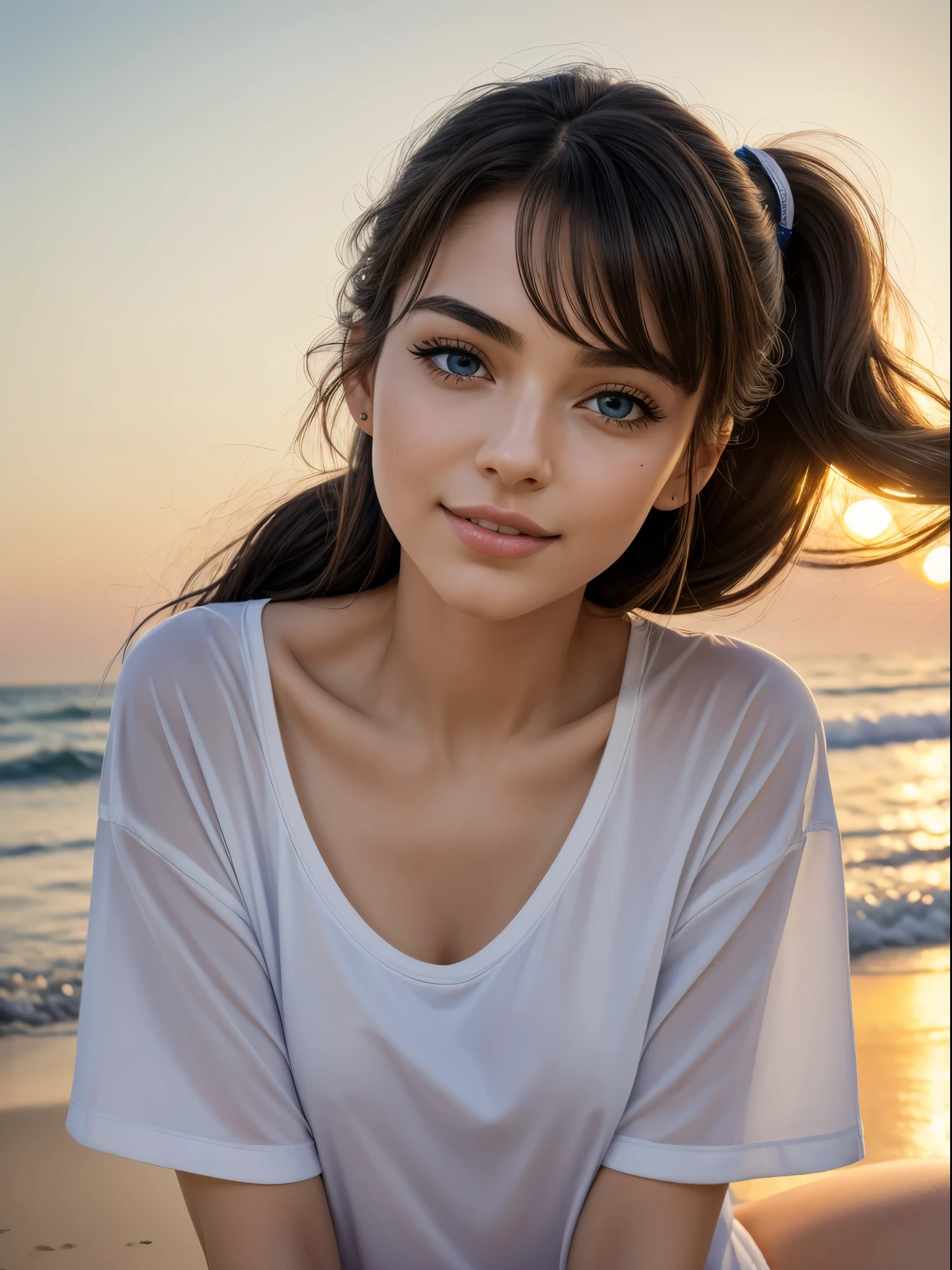(best quality,4k,8k,highres,masterpiece:1.2), ultra-detailed, realistic, photorealistic:1.37, beautiful detailed eyes, beautiful detailed lips, joyful expression, extremely detailed face, long eyelashes, intimate view, slender, soft lighting, vibrant colors, sensual atmosphere, intimate moment, timid expression, perky, ponytail hairstyle, black hair, blue eyes, flawless skin texture, gentle breeze, slight smile, oversized t-shirt, on a beach, sunset
