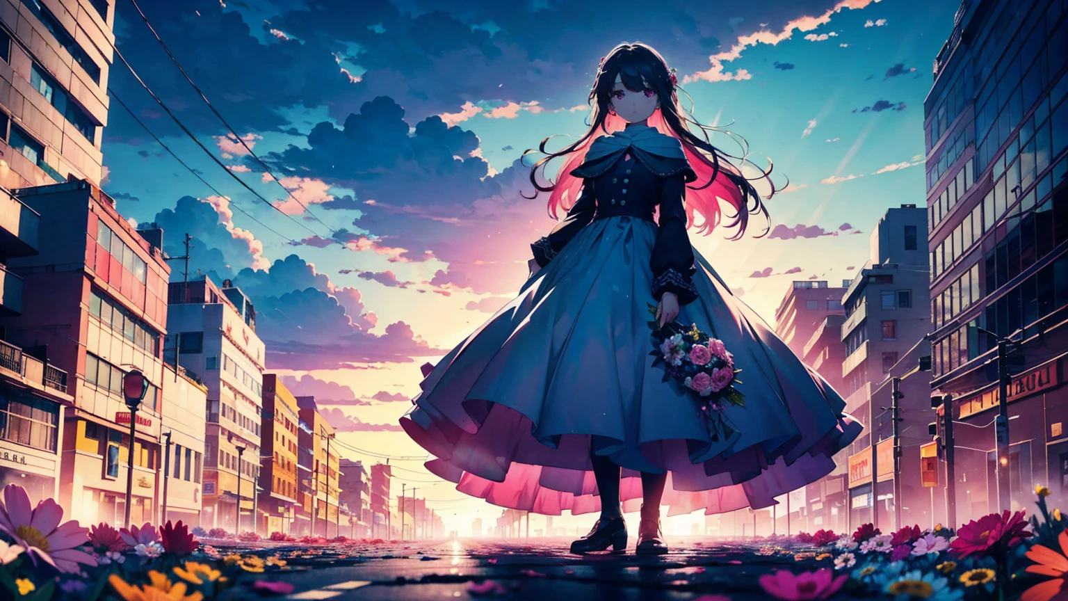 A vibrant flower blooms on the dirty ground of a large gray avenue. A crowd of gray, soulless people crosses the streets. A colorful , shining with bright tones, stands protectively over the flower, protecting her with his little hands and determined eyes. Sunlight breaks through the dark clouds. 