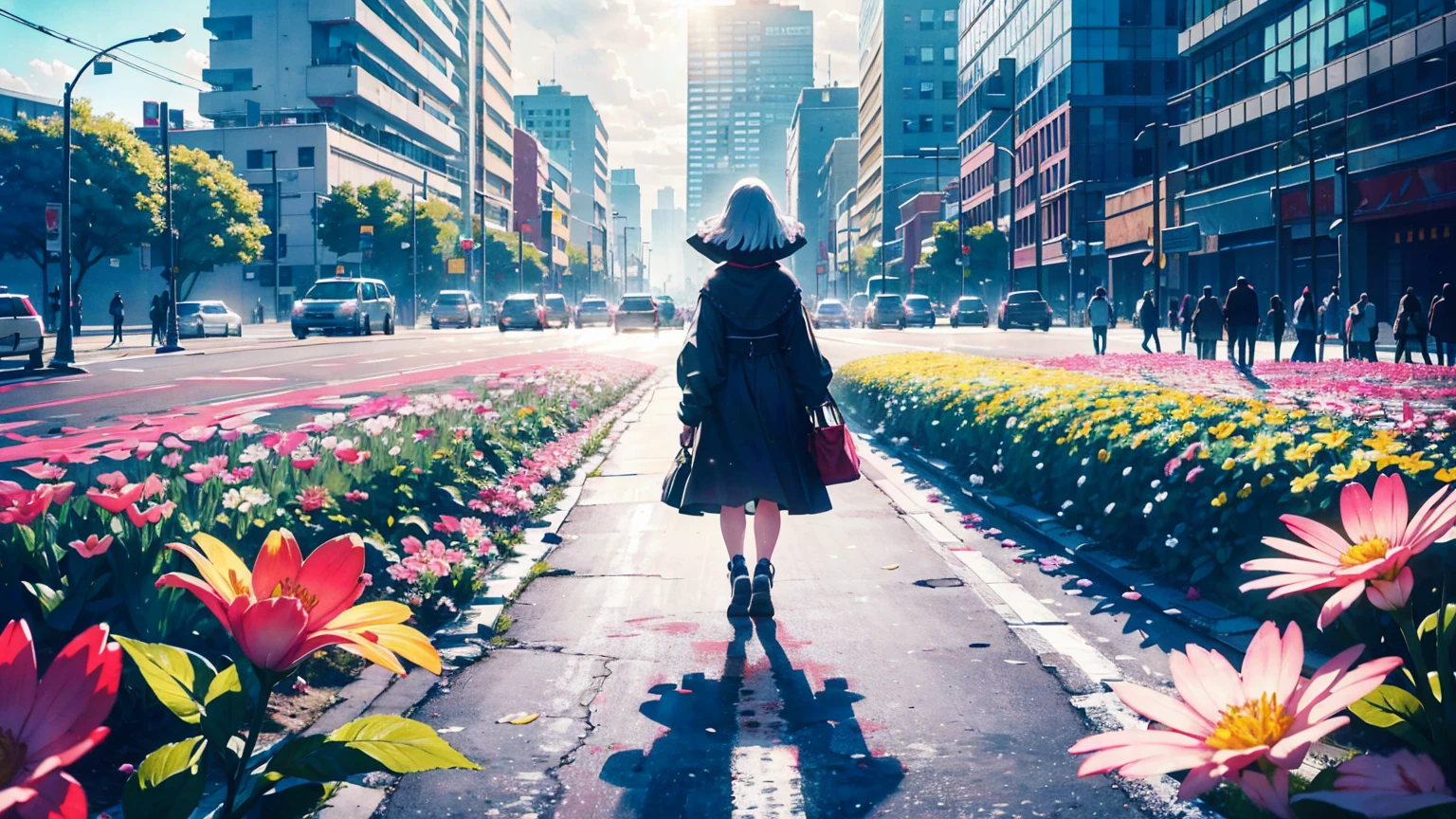 A vibrant flower blooms on the dirty ground of a large gray avenue. A crowd of gray, soulless people crosses the streets. A colorful , shining with bright tones, stands protectively over the flower, protecting her with his little hands and determined eyes. Sunlight breaks through the dark clouds. 