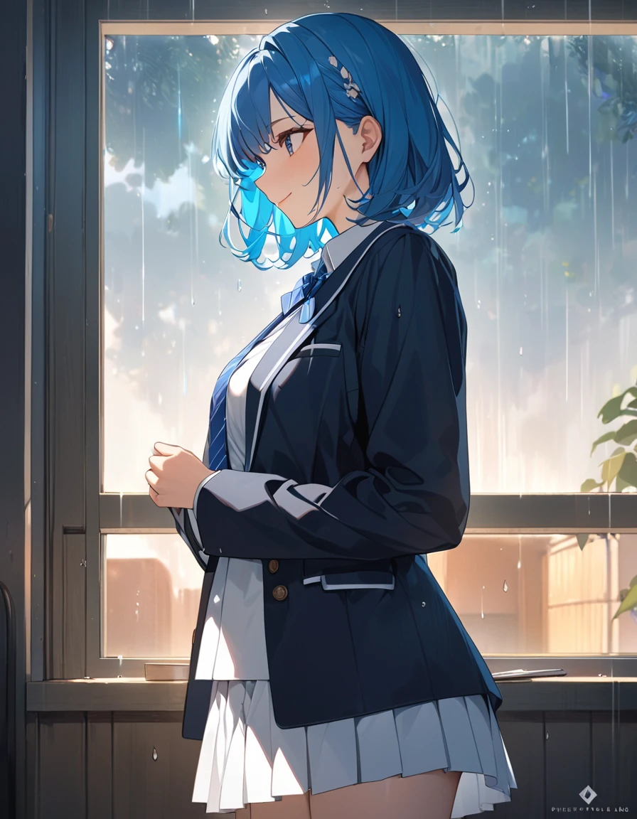 8K, Highest quality, masterpiece, Wallpapers by Unity 8K, School classroom、Standing by the window、窓の外はrain模様、(Highest qualityのイラスト:1.2), (pretty girl:1.1), (1 girl、17 years old、Highest qualityのイラスト:1.2), (1 girl、smile、Beautiful breasts、Very detailedな目:1.2)、Bright blue hair、Short Bob Hair、(Highest quality、Very detailed、Very detailed and beautiful、Ultra-high resolution)form,{Dark Blue Blazer、White shirt、Blue Ribbon、White pleated skirt}
、throw、Soft focus ground bokeh、、from side, Gazing into the distance、rain
