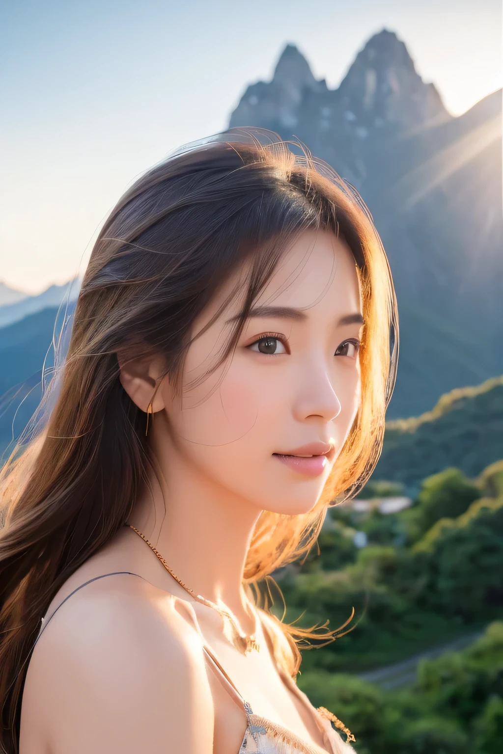(masterpiece、high resolution、high quality)、Mountains in the sky、Elegant woman、Realistic beauty、Perfect beauty、Sky、鷲と鷹がSkyに舞う、sun、spirituality、Light of Love、