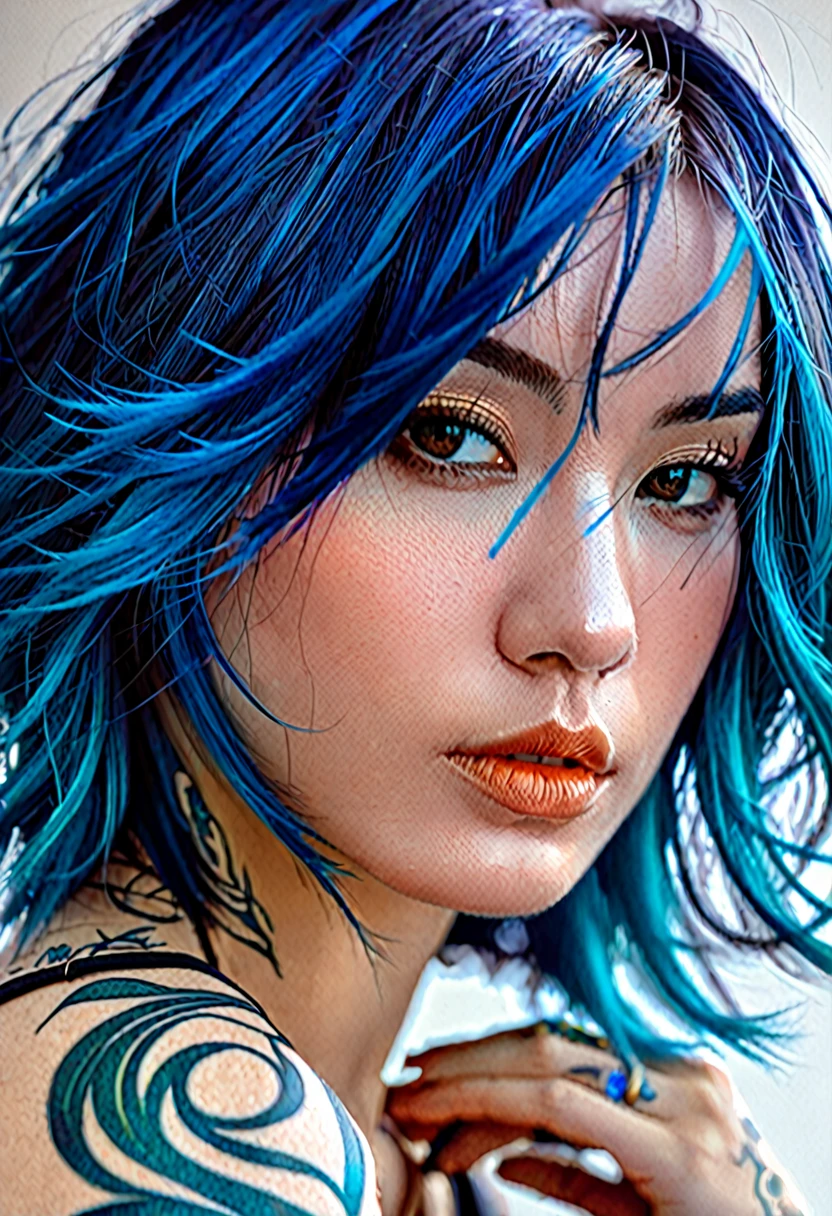 Closeup of a woman with blue hair and tattoos, awesome digital illustration, Beautiful digital artwork, loico and Oh!, beautiful digital illustration, neoartcore y charlie bowater, gorgeous digital art, exquisite digital illustration, hyperrealistic fantasy art, Beeple and Jeremiah Ketner, moebius + loico + Oh!, loico and ross tran