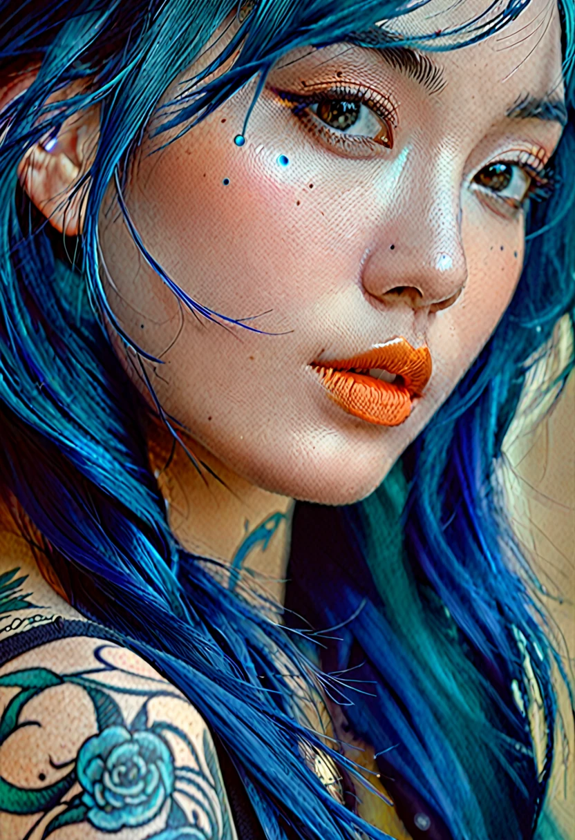 Closeup of a woman with blue hair and tattoos, awesome digital illustration, Beautiful digital artwork, loico and Oh!, beautiful digital illustration, neoartcore y charlie bowater, gorgeous digital art, exquisite digital illustration, hyperrealistic fantasy art, Beeple and Jeremiah Ketner, moebius + loico + Oh!, loico and ross tran