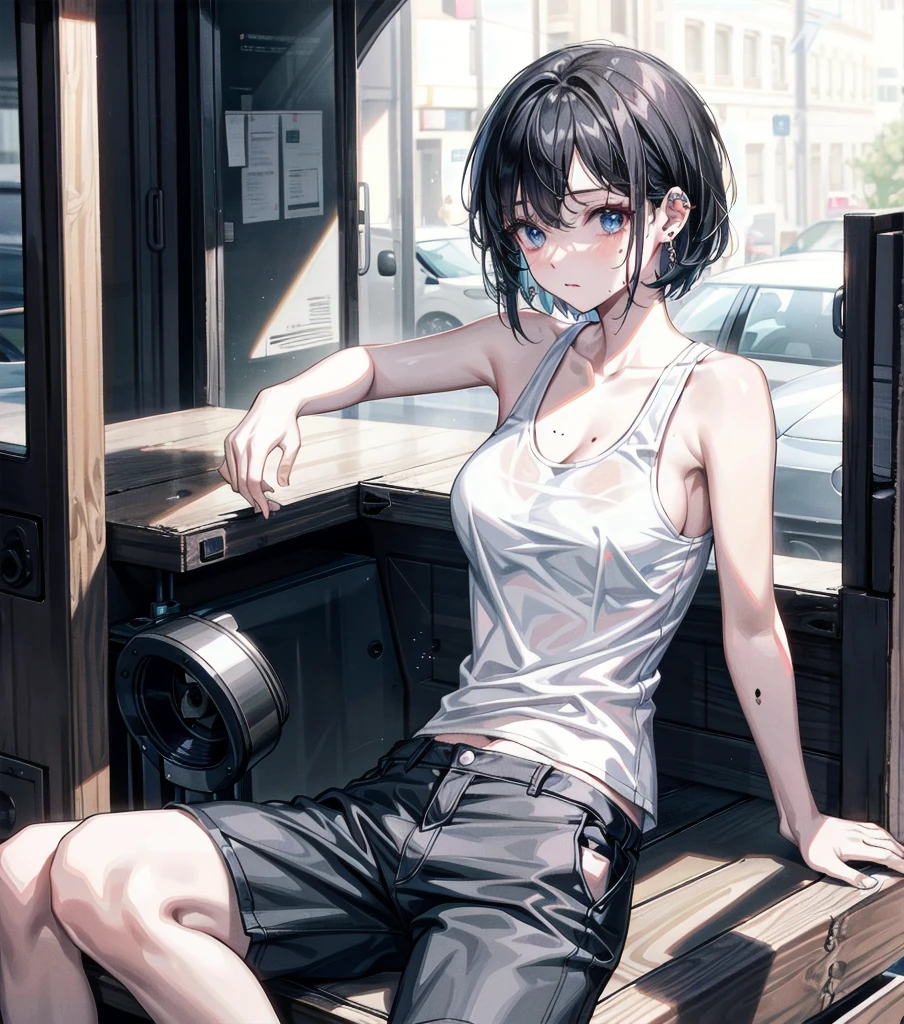whole body, solo, alone, delicate facial features, medium tits, medium hair, black hair, tearful mole, earring, t-shirt, tank top, Hot Pants,