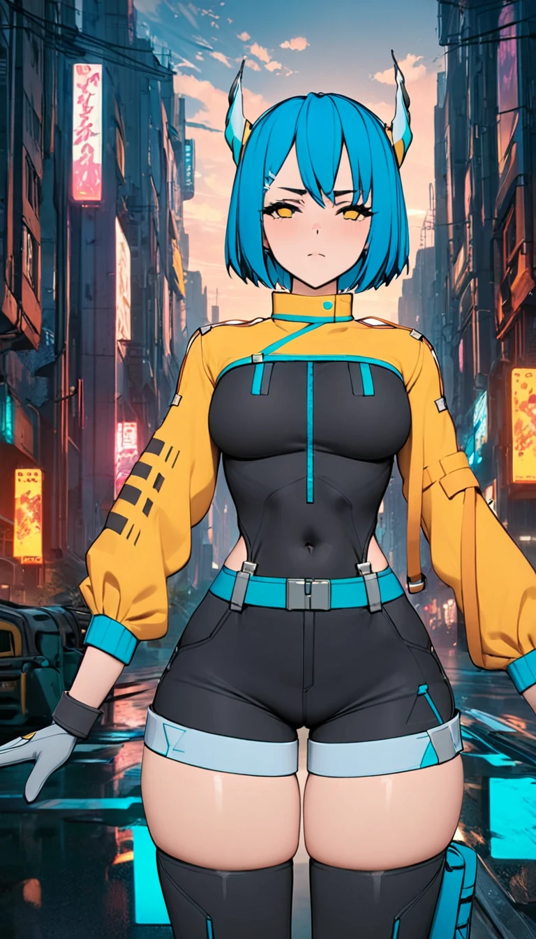 (masterpiece, Best quality:1.2), 1 girl, Kaslin, cyber girl, blue hair, happy 