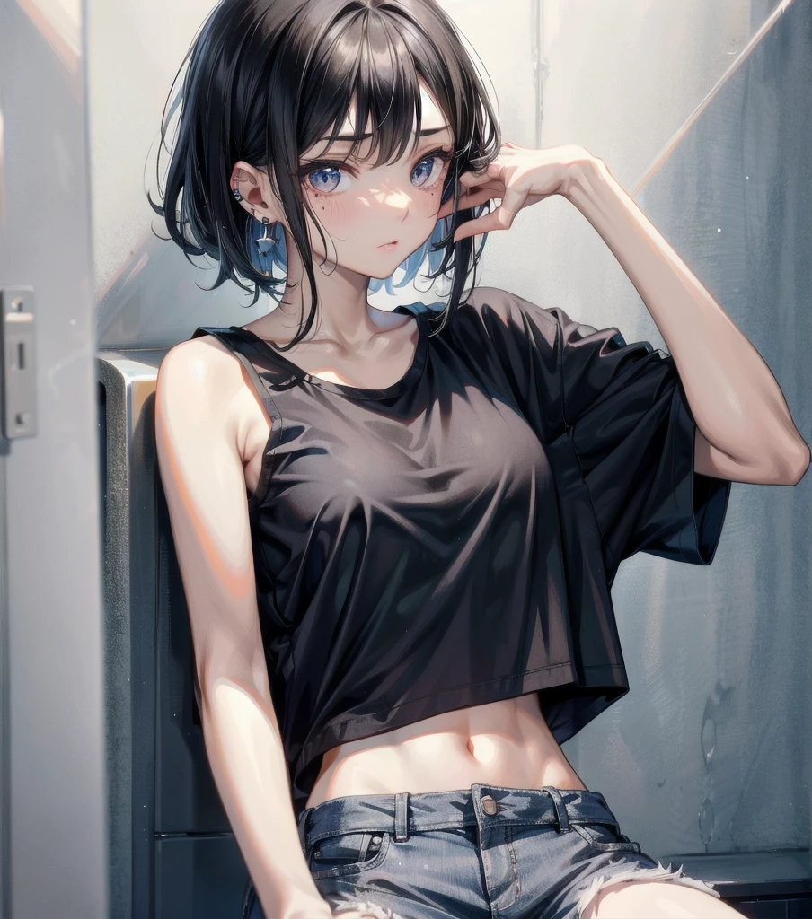 whole body, delicate facial features, medium tits, medium hair, black hair, tearful mole, earring, t-shirt, tank top, Hot Pants,