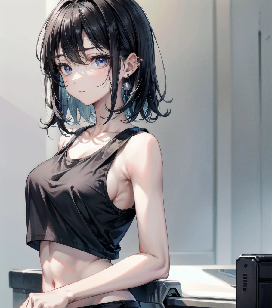 whole body, solo, alone, delicate facial features, medium tits, medium hair, black hair, tearful mole, earring, t-shirt, tank top, Hot Pants,