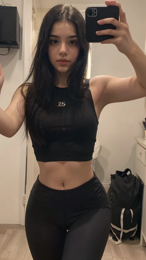 a girl with black hair, in home, selfie, legging preta, cintura alta, sutiã, good lighting, real, realidade, ambiente claro, melhor qualidade,, corpo todo, mostrando peito