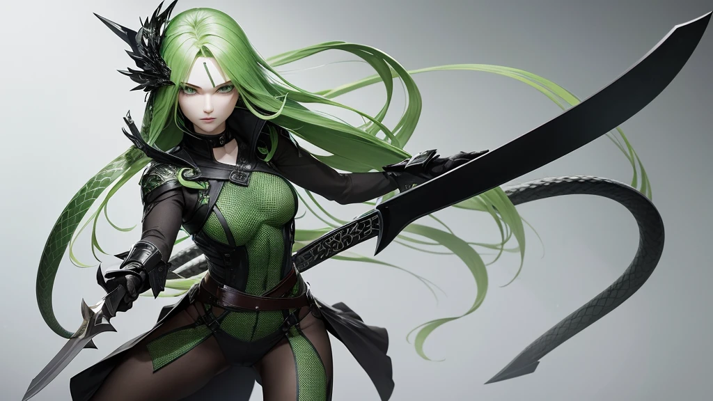 A woman with pale gray skin snake scales, green snake eyes carrying a black bladed sword