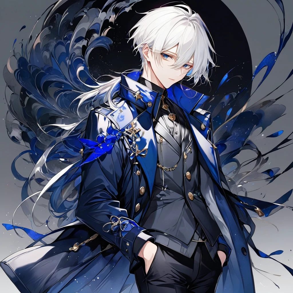 Male, anime style, white hair, dark blue coat, black pants