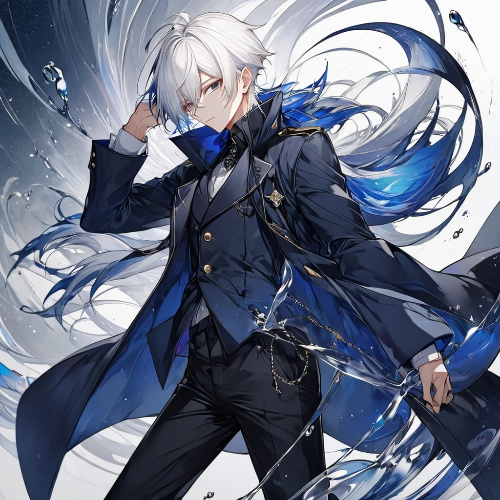 Male, anime style, white hair, dark blue coat, black pants