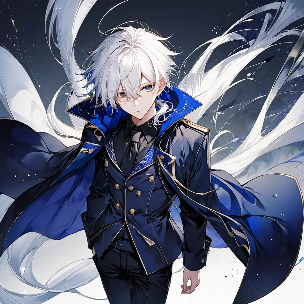 Male, anime style, white hair, dark blue coat, black pants