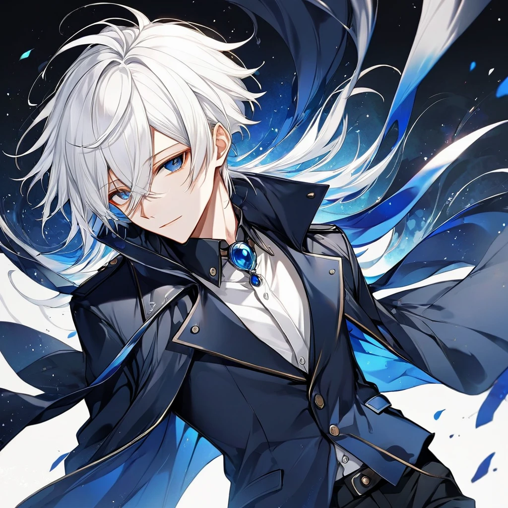 Male, anime style, white hair, dark blue coat, black pants