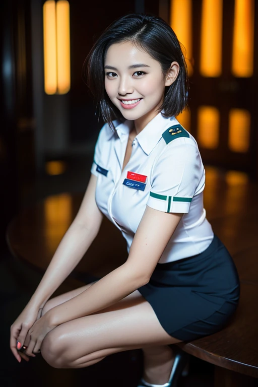 (a gorgeous lady, age 21, Flight Attendant uniform, Shenzhen Airlines Stewardess, wet white shirt, wet red mini-skirt, kneeling in the Millennium Falcon, dimpled smile, short ponytai hair, short bob hair, cute snaggleteeth, well-endowed round bosom, long flawless legs, photorealistic, beautiful detailed eyes, beautiful detailed face, hyper-realism, high contrast, ultra HD, realistic skin textures, top image quality, top-quality, super high resolution, fine details, very meticulously, close-up shot, head to thigh, romantic night, dark bokeh background)