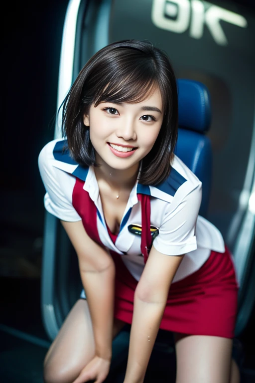 (a gorgeous lady, age 21, Flight Attendant uniform, Shenzhen Airlines Stewardess, wet white shirt, wet red mini-skirt, kneeling in the Millennium Falcon, dimpled smile, short ponytai hair, short bob hair, cute snaggleteeth, well-endowed round bosom, long flawless legs, photorealistic, beautiful detailed eyes, beautiful detailed face, hyper-realism, high contrast, ultra HD, realistic skin textures, top image quality, top-quality, super high resolution, fine details, very meticulously, close-up shot, head to thigh, romantic night, dark bokeh background)