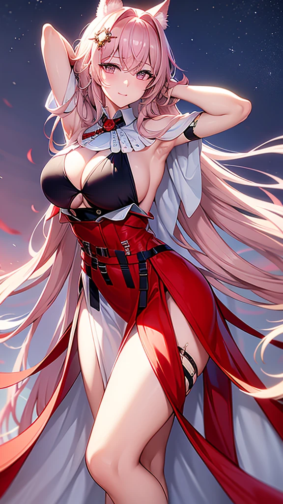 masterpiece, Highest quality:1.2),8K, 4K High Resolution, Super detailed, High-quality texture,High detail, High Quality Shadows, Beautiful and delicate face down to the last detail, Beautiful and delicate eyes、One Woman, alone、Very large breasts、Very large breasts、Very thick legs that make the chest very large、Are standing、Composition from the front、Look forward、Stand up straight,Looking into the camera、Draw a face、Depth of written boundary、smile、Show your armpits、Armpits Hands behind head