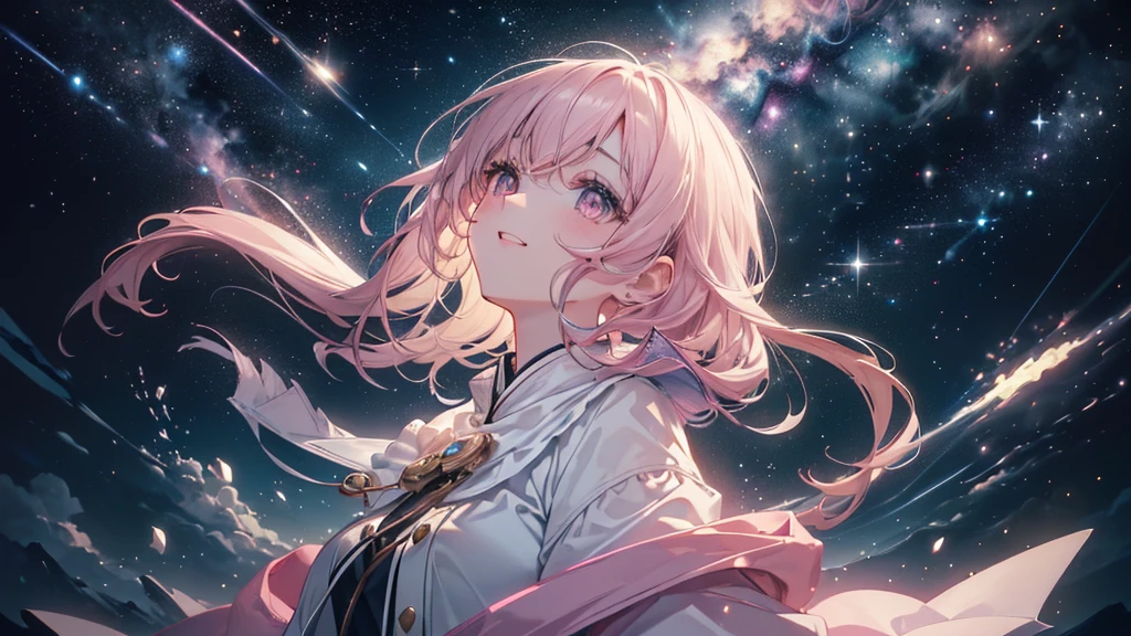 (((Highest quality、masterpiece、Ultra-fine、Ultra-fine、Exquisite、16K、Full HD,high school girl,))) 、((The best smile)), ((Looking up), (((Looking up))) 、Dark Eyes、Long eyelashes、White skin、(Pale pink lips、Pale pink cheeks、thin and long)、 ((cute)) ((One person)) 、((Glare)) 、Wide Shot、Space galaxy background、(A magnificent composition、epic proportion)、Dynamic lighting、、