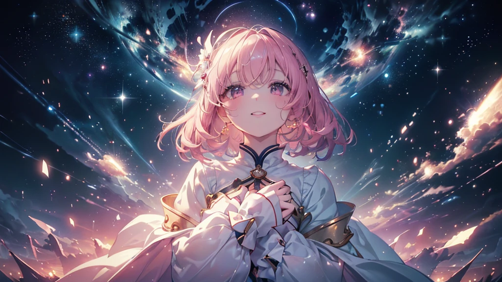 (((Highest quality、masterpiece、Ultra-fine、Ultra-fine、Exquisite、16K、Full HD,high school girl,))) 、((The best smile)), ((Looking up), (((Looking up))) 、Dark Eyes、Long eyelashes、White skin、(Pale pink lips、Pale pink cheeks、thin and long)、 ((cute)) ((One person)) 、((Glare)) 、Wide Shot、Space galaxy background、(A magnificent composition、epic proportion)、Dynamic lighting、、