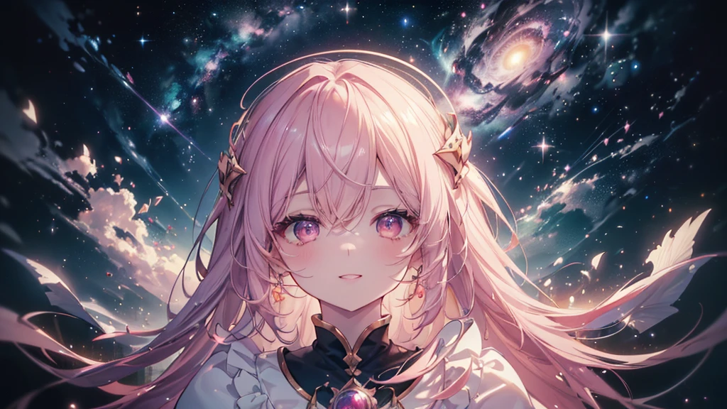 (((Highest quality、masterpiece、Ultra-fine、Ultra-fine、Exquisite、16K、Full HD,high school girl,))) 、((The best smile)), ((Looking up), (((Looking up))) 、Dark Eyes、Long eyelashes、White skin、(Pale pink lips、Pale pink cheeks、thin and long)、 ((cute)) ((One person)) 、((Glare)) 、Wide Shot、Space galaxy background、(A magnificent composition、epic proportion)、Dynamic lighting、、