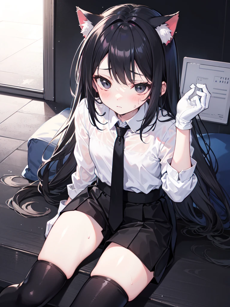 18-year-old Shota,cute,Wear a white long-sleeved shirt and a black work tie,Wear black pants,Wear black booties,Wear white gloves,wear cat ear,Wearing a collar,Black hair,Black eyes,Very thin waist,Very thin legs,Handsome,Disdainful and cold expression,shy,blush,scared,Sweating,porn,Is giving sexual assault,Glove removal action,Kneel down