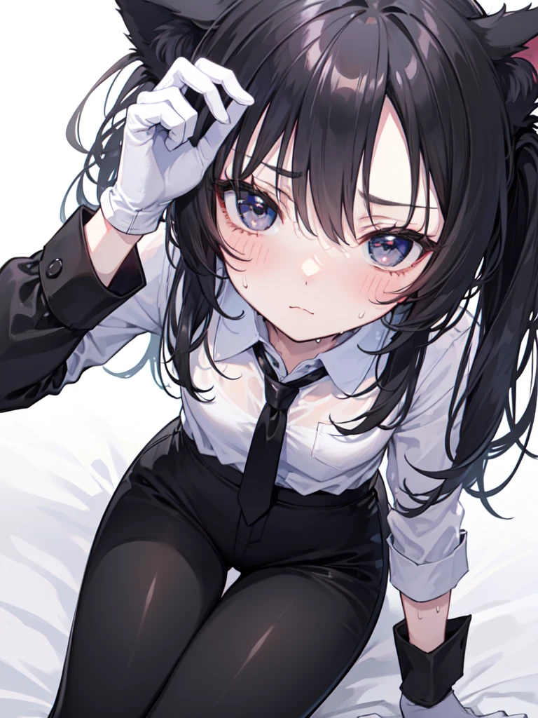 18-year-old Shota,cute,Wear a white long-sleeved shirt and a black work tie,Wear black pants,Wear black booties,Wear white gloves,wear cat ear,Black hair,Black eyes,Very thin legs,The waist is very thin,blush,sweat,Fear,Unwilling,comfortable,????,close-up photo