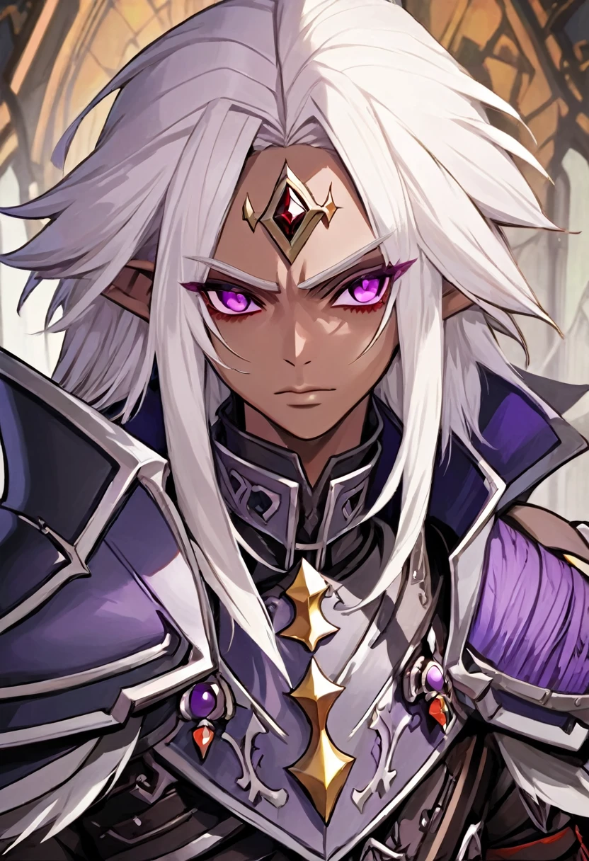 ((best quality)), ((masterpiece)), (detailed), ((boy)),, (dungeonpunk), (steampunk), half-drow, portrait, red eyes, long white hair, Xemnas from Kingdom Hearts, half-drow, brown skin with a purple hue, (full knight armor), paladin, serious faces, by Kinema Citrus