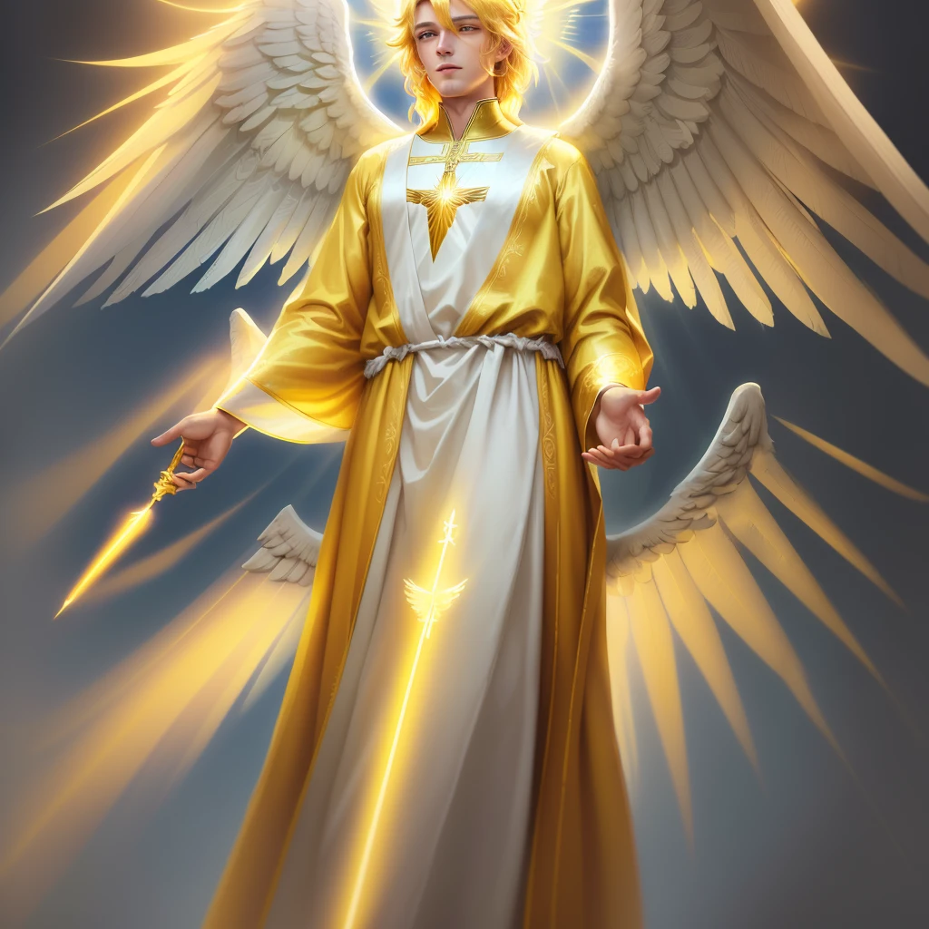 painting of a man dressed in a yellow tunic with wings, glowing angelic being, an angel of the dawn light, ethereal angelic being of light, accurate biblical angel, biblically correct angel, an angel standing still, angelic light, angelical, totalitarian socialist angel, angelic photograph, old testament angel, anjo tron, angelic, possibly an angel, one angel