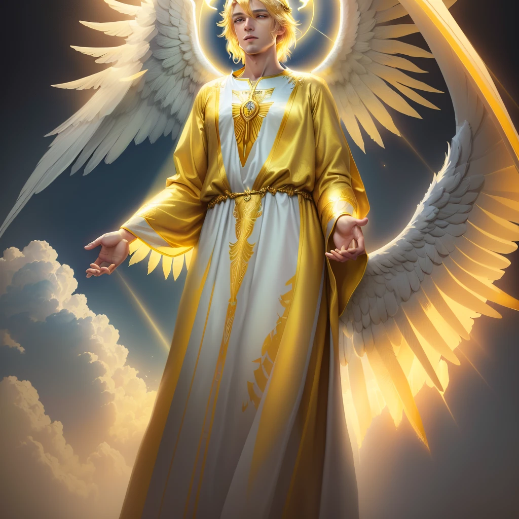 painting of a man dressed in a yellow tunic with wings, glowing angelic being, an angel of the dawn light, ethereal angelic being of light, accurate biblical angel, biblically correct angel, an angel standing still, angelic light, angelical, totalitarian socialist angel, angelic photograph, old testament angel, anjo tron, angelic, possibly an angel, one angel