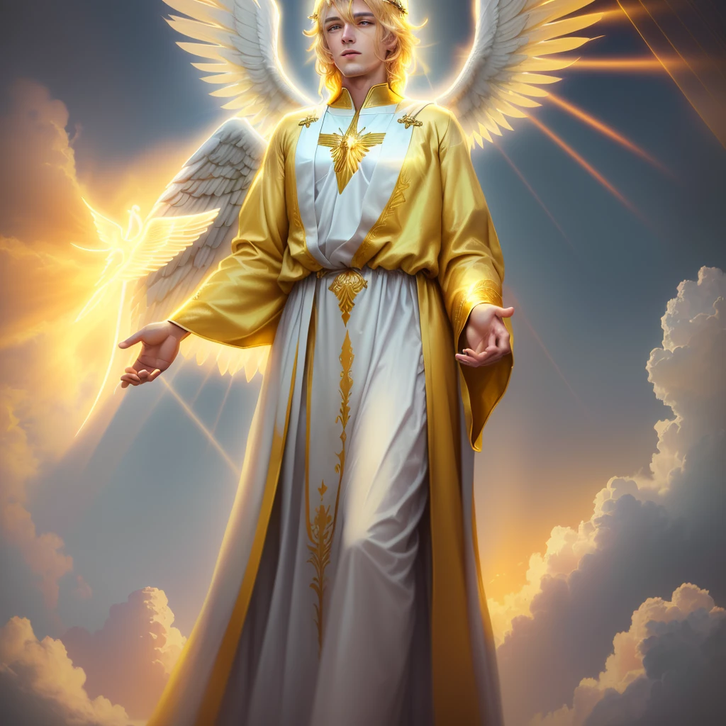 painting of a man dressed in a yellow tunic with wings, glowing angelic being, an angel of the dawn light, ethereal angelic being of light, accurate biblical angel, biblically correct angel, an angel standing still, angelic light, angelical, totalitarian socialist angel, angelic photograph, old testament angel, anjo tron, angelic, possibly an angel, one angel