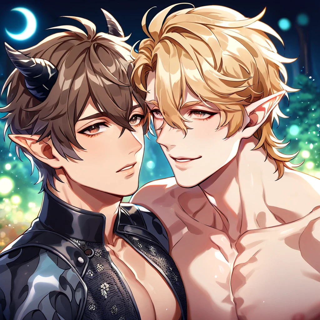 absurdres, highres, ultra detailed, HDR, master piece, best quality, perfect face, beautiful eyes, delicate features, Quincy, blond messy hair, expressive amber eyes, Nu Carnival, Eiden, brown hair, expressive brown eyes, two sexy men together, gay couple, yaoi, handsome, toned chest, fantasy demon black leather clothes, patterns, black horns, pointy ears, red curtains, luxurious castle room, window, moon, chandelier