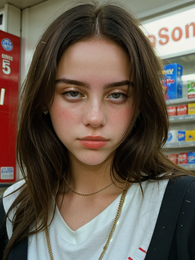 Close-up portrait photo of a young brunette woman taken at a convenience store during the night, low quality image, exhibiting a grainy texture, jpg artifacts, film grain, gritty, raw aesthetic