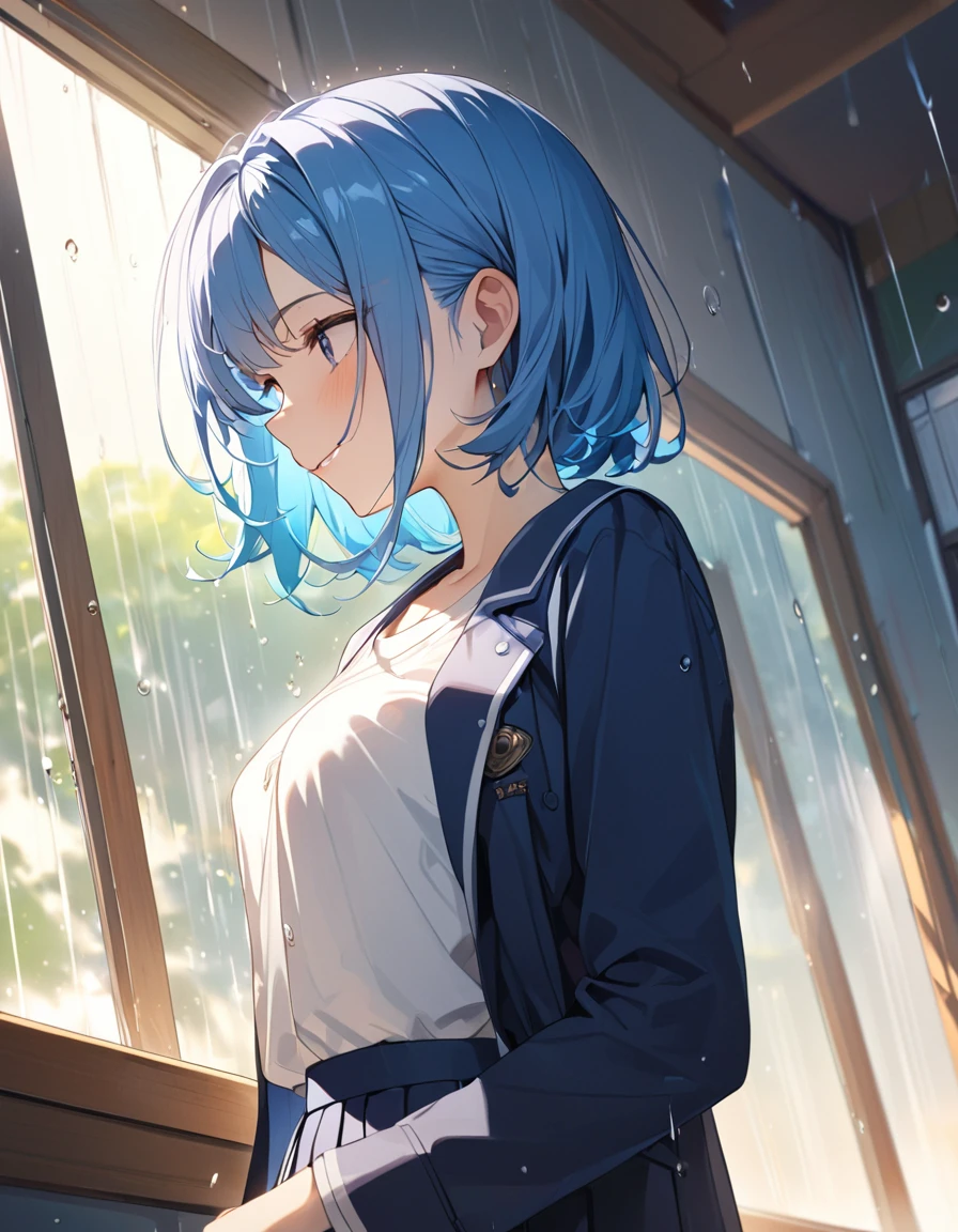 8K, Highest quality, masterpiece, Wallpapers by Unity 8K, School classroom、Standing by the window、窓の外はrain模様、(Highest qualityのイラスト:1.2), (pretty girl:1.1), (1 girl、17 years old、Highest qualityのイラスト:1.2), (1 girl、smile、Beautiful breasts、Very detailedな目:1.2)、Bright blue hair、Short Bob Hair、(Highest quality、Very detailed、Very detailed and beautiful、Ultra-high resolution)form,{Dark Blue Blazer、White shirt、Blue Ribbon、White pleated skirt}
、throw、Soft focus ground bokeh、、from side, Gazing into the distance、rain