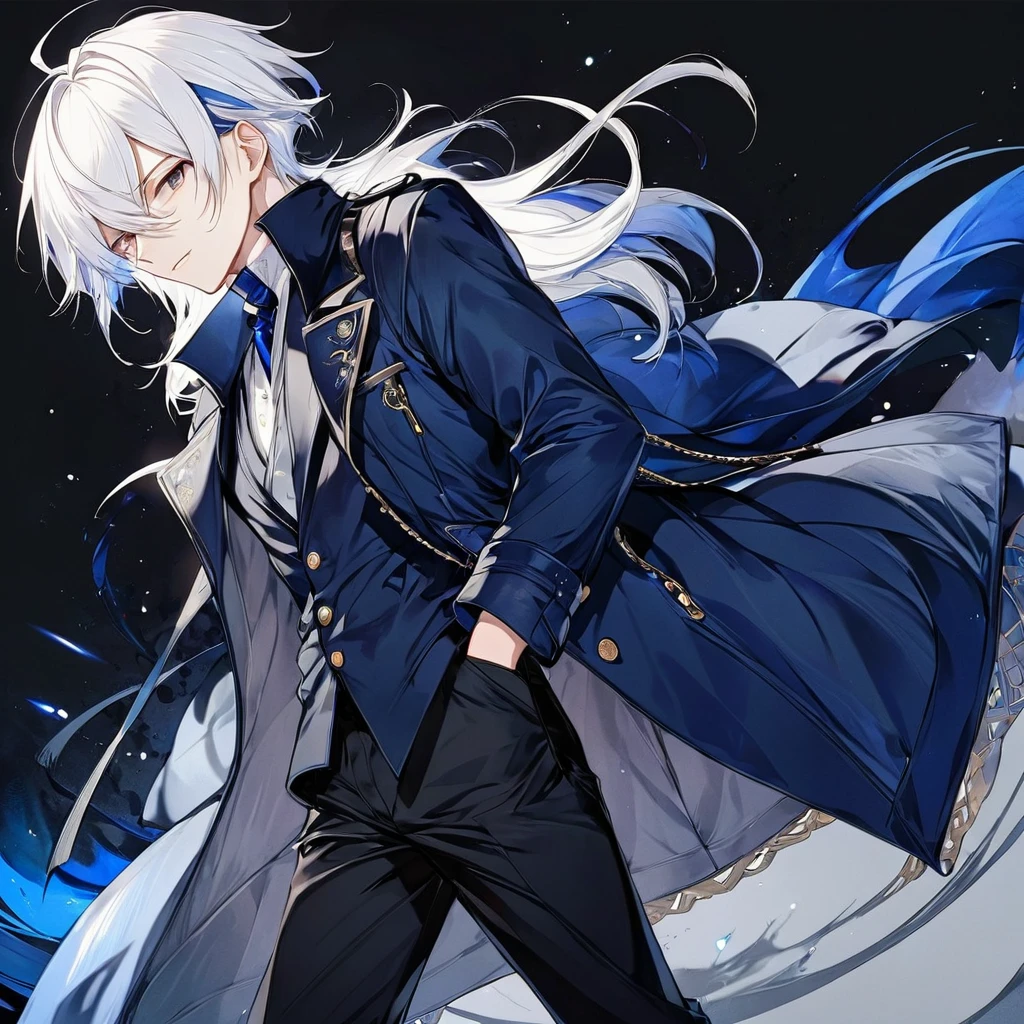 Male, anime style, white hair, dark blue coat, black pants
