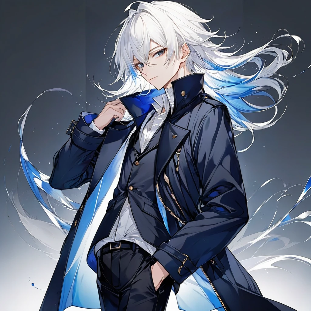 Male, anime style, white hair, dark blue coat, black pants